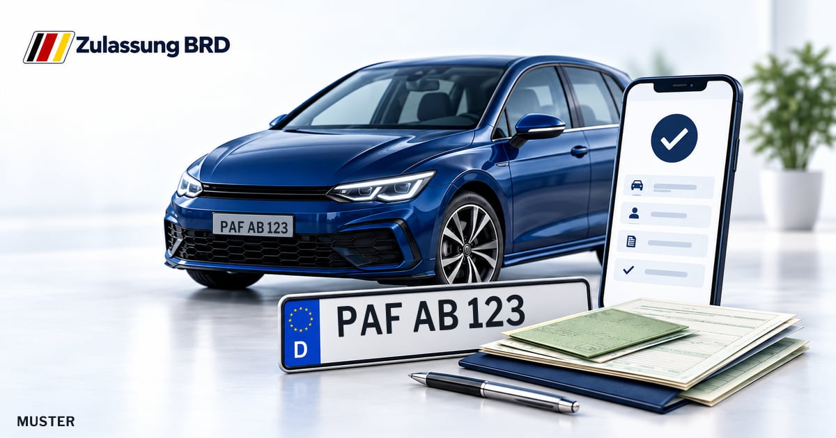 Online Fahrzeugzulassung in Landkreis Pfaffenhofen a.d. Ilm: Musterkennzeichen PAF AB 123, Auto und Fahrzeugpapiere und Smartphone. Illustration mit Logo von Zulassung BRD.